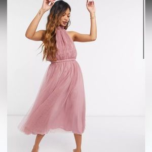 NWOT ASOS DESIGN high neck tulle maxi dress with side cut out detail in rose